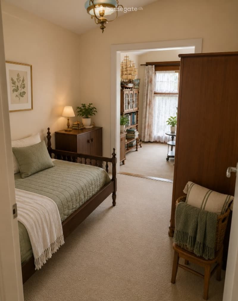Cozy bedroom with a wooden bed, nightstand, lamp, and a small sitting area with a chair and plant. A framed picture hangs on the wall, and a cabinet is visible near the doorway.