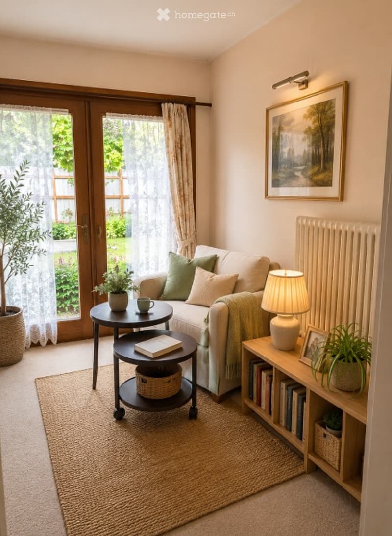 A cozy living room with a light-colored sofa, green throw pillows, a coffee table, a bookshelf, a floor lamp, and a potted plant near the window.