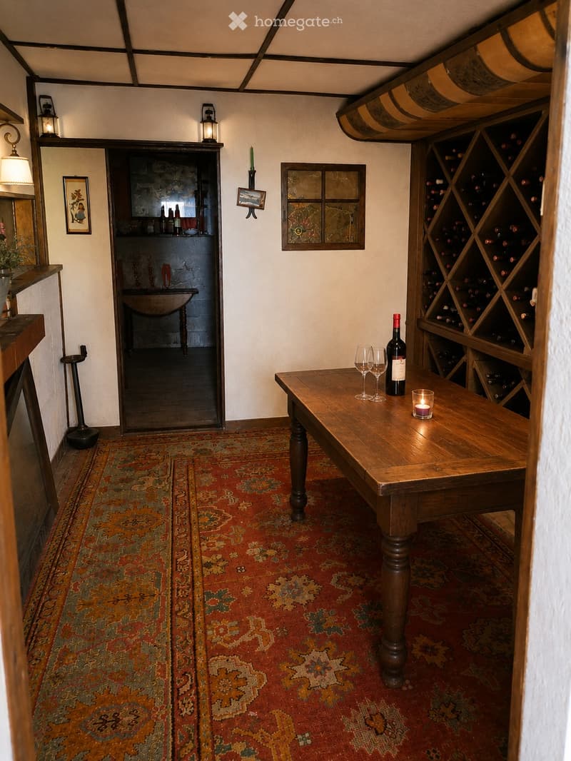 A cozy, rustic room with a wooden table, wine rack, wine bottles, wine glasses, a lit candle, and a small bar area in the background.