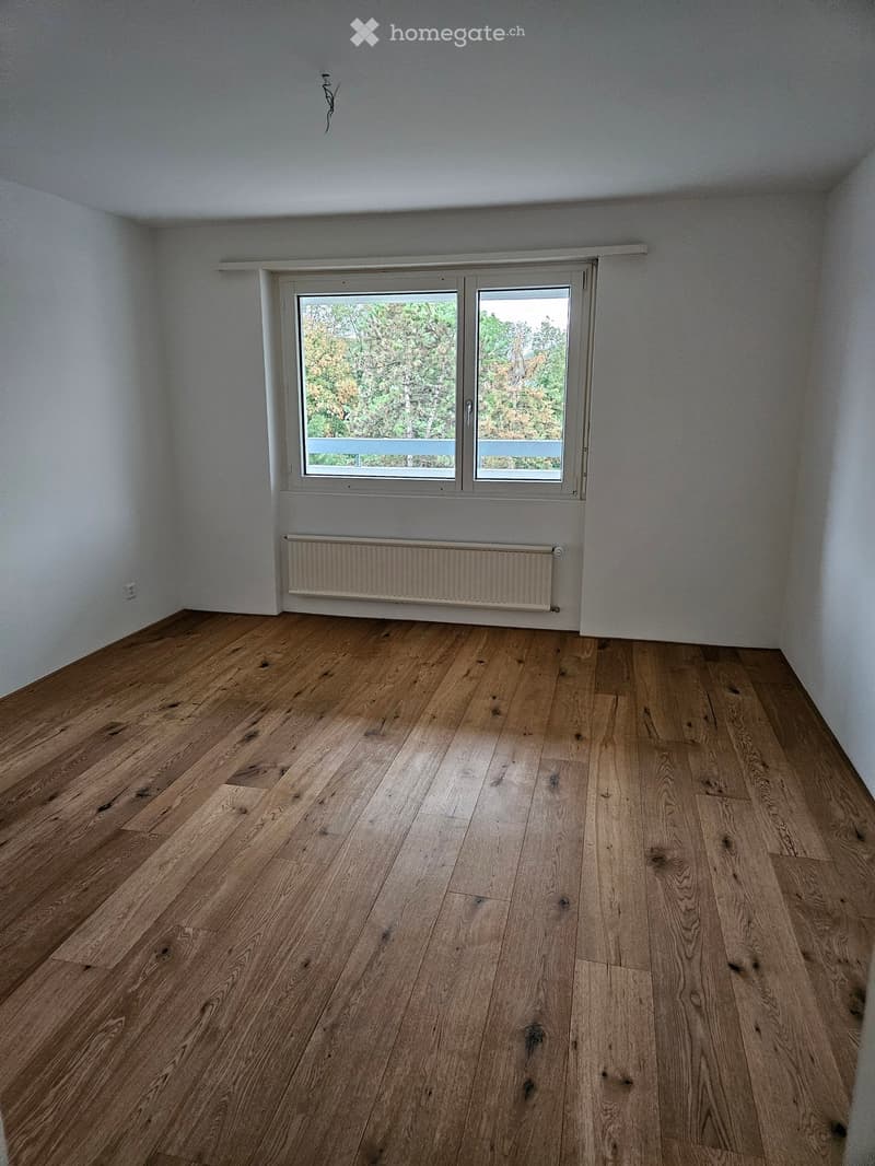 Empty room with wooden flooring, white walls, and a large window with a view of greenery. A radiator is visible below the window.
