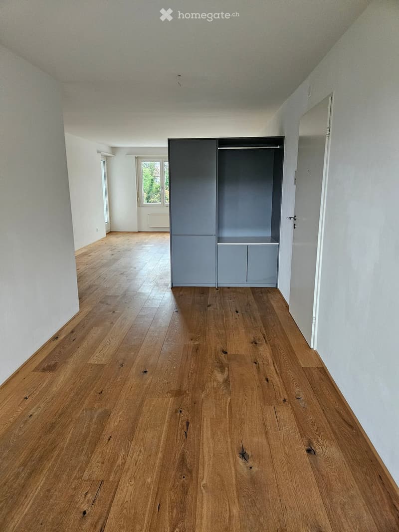 Empty room with wooden flooring, white walls, and a built-in closet with grey doors.