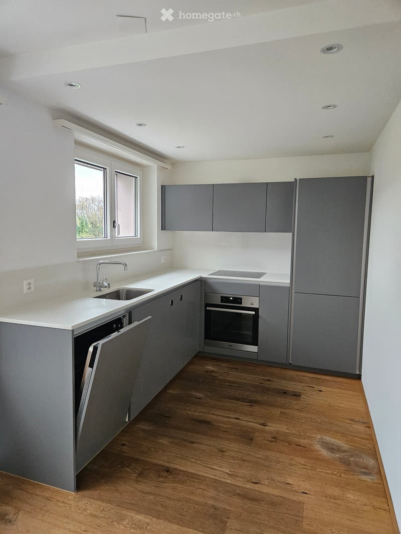 Modern kitchen with grey cabinets, white countertops, wooden flooring, and built-in appliances including a sink, oven, and dishwasher.