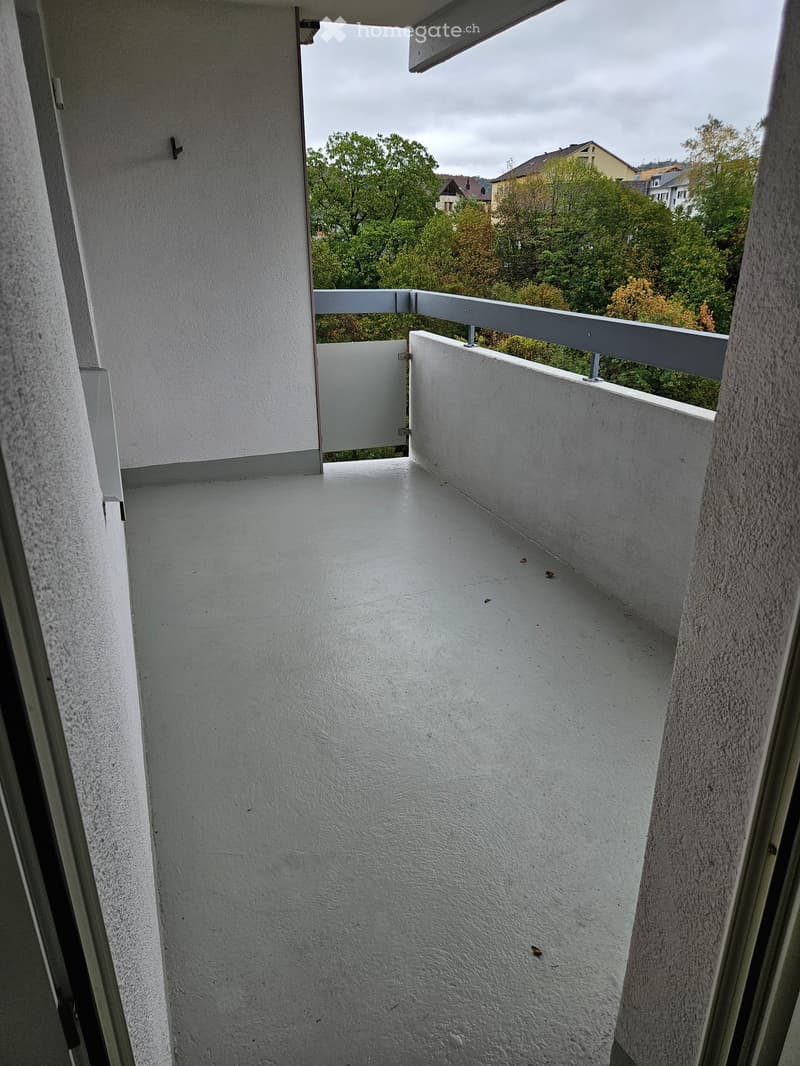 Empty balcony with white walls, a metal railing, and a view of greenery and buildings in the background.