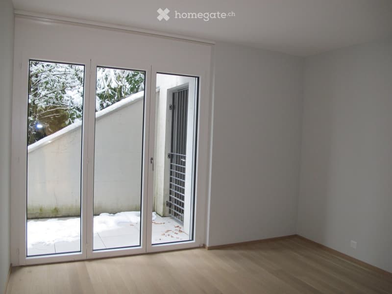 Empty room with wooden flooring, light grey walls, and large sliding glass doors leading to a snowy outdoor area.