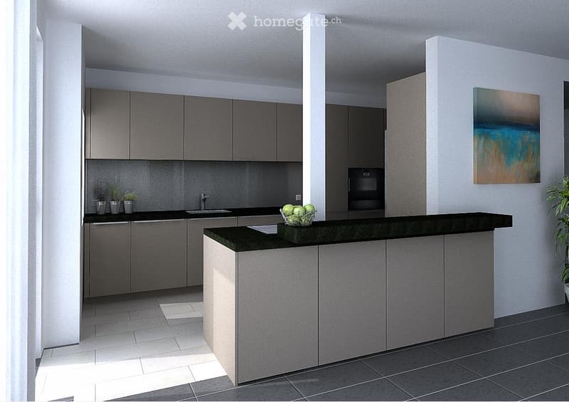 Modern kitchen with grey cabinetry, black countertop, central island, sink, faucet, fruit bowl, potted plants, and artwork on the wall.