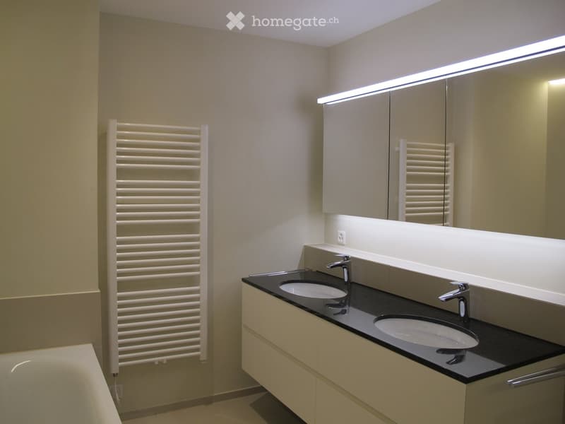 Modern bathroom with double sink, sleek black countertop, mirrored cabinet, and a bathtub.