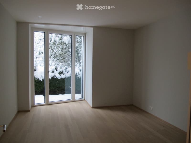 Empty room with light wooden flooring, large sliding glass doors leading to a snowy outdoor area, and neutral-colored walls.