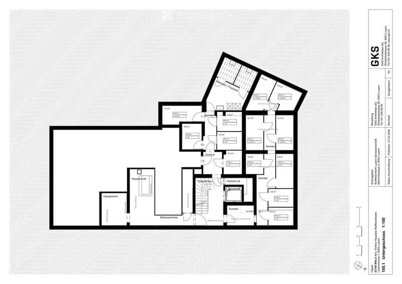 Floor plan of a multi-unit building showing various rooms including apartments, corridors, technical areas, and utility spaces.