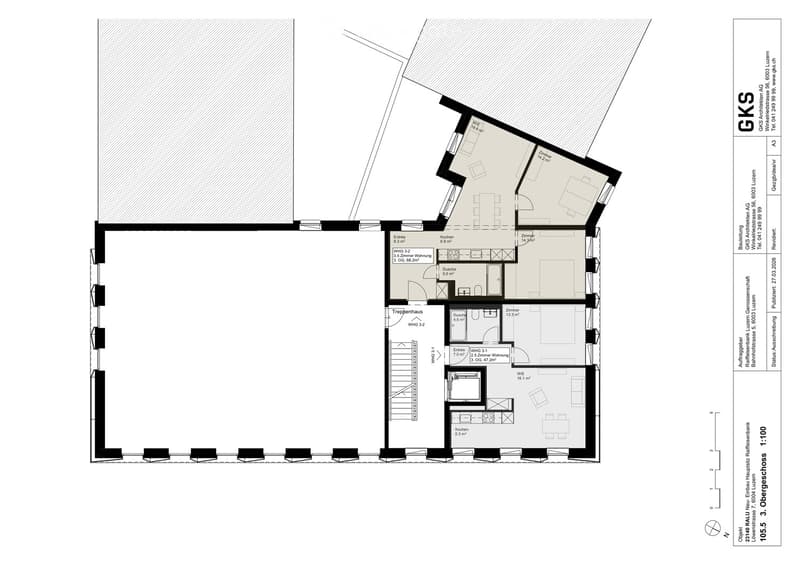 Floor plan of a multi-unit building with labeled rooms including entrances, kitchens, bathrooms, and living spaces. Includes dimensions and room labels.