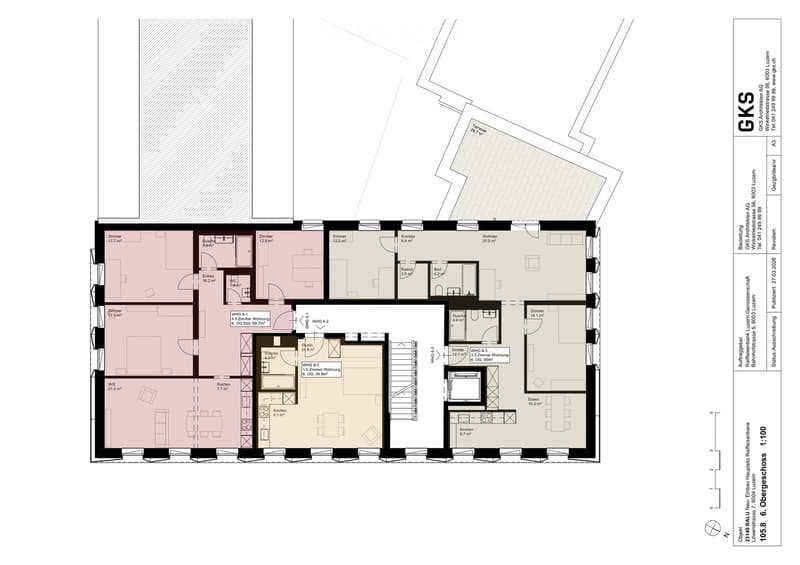 Floor plan of a multi-unit residential building with multiple apartments, each featuring bedrooms, living areas, kitchens, bathrooms, and a shared terrace.