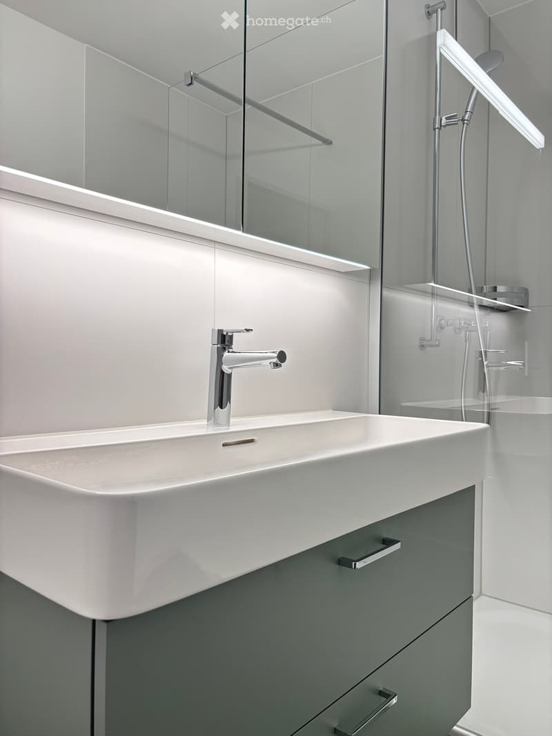 Modern bathroom with a white sink, chrome faucet, large mirror, and glass-enclosed shower area.