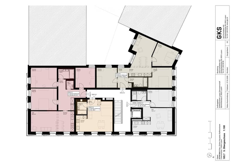 Floor plan of a multi-unit building with multiple apartments, each featuring living spaces, bedrooms, kitchens, and bathrooms. Includes entrances, staircases, and shared areas.