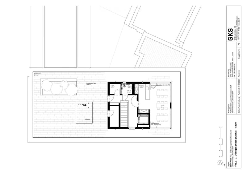 Floor plan of a building showing multiple rooms including a kitchen, WC, gaming room, and outdoor area. Includes a staircase, storage area, and a roof terrace.