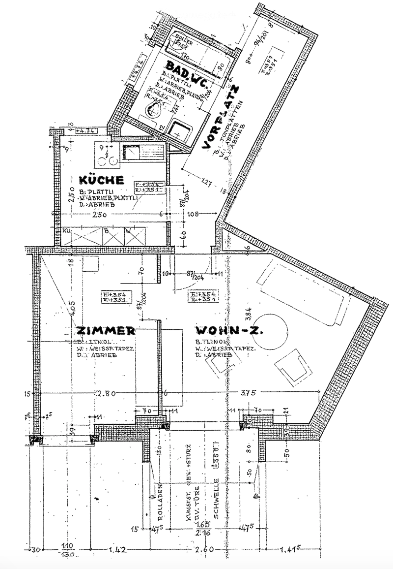 Floor plan of a house showing a kitchen, living room, bedroom, and bathroom with labeled dimensions and room names.