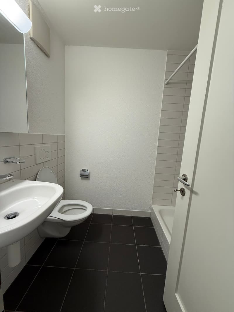 Modern bathroom with white walls, black tiled floor, sink, toilet, and bathtub.