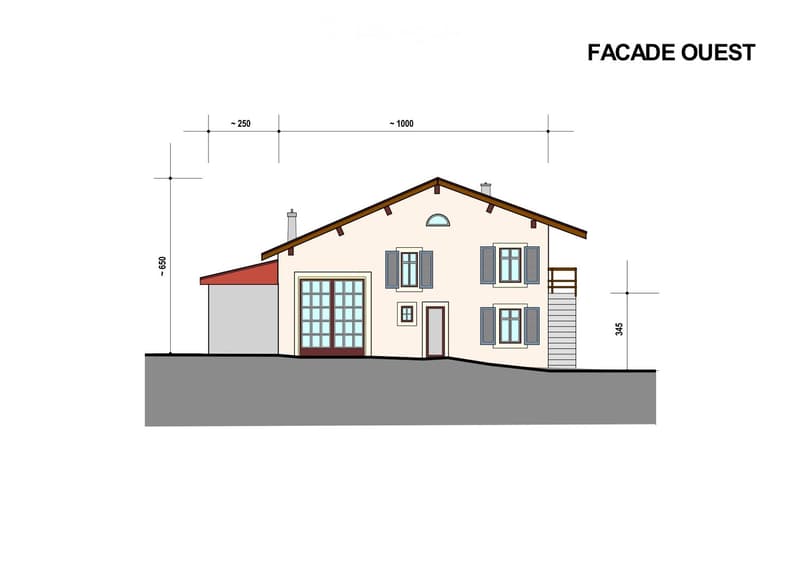 Elevation plan of a two-story house with a raised ground floor, featuring a red garage, multiple windows, and a staircase leading to the upper level.
