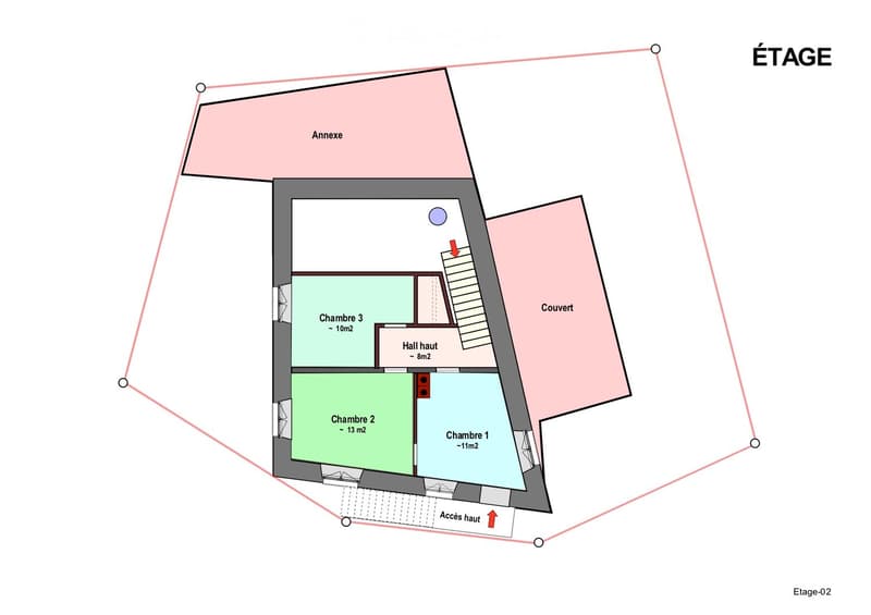 Floor plan showing three bedrooms, a hallway, an annex, and a roof area. Includes labeled rooms and access points.