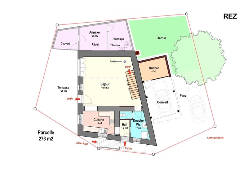 Floor plan of a house with living room, kitchen, bathroom, shower, and outdoor terrace.