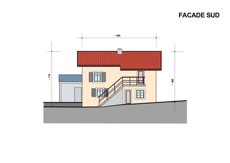 South facade of a two-story house with a red-tiled roof, beige walls, multiple windows, a staircase leading to a balcony, and a garage on the left side.