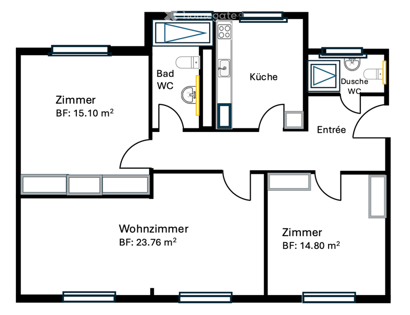 Floor plan of a 3-room apartment with a living room, two bedrooms, kitchen, bathroom, and entrance area.