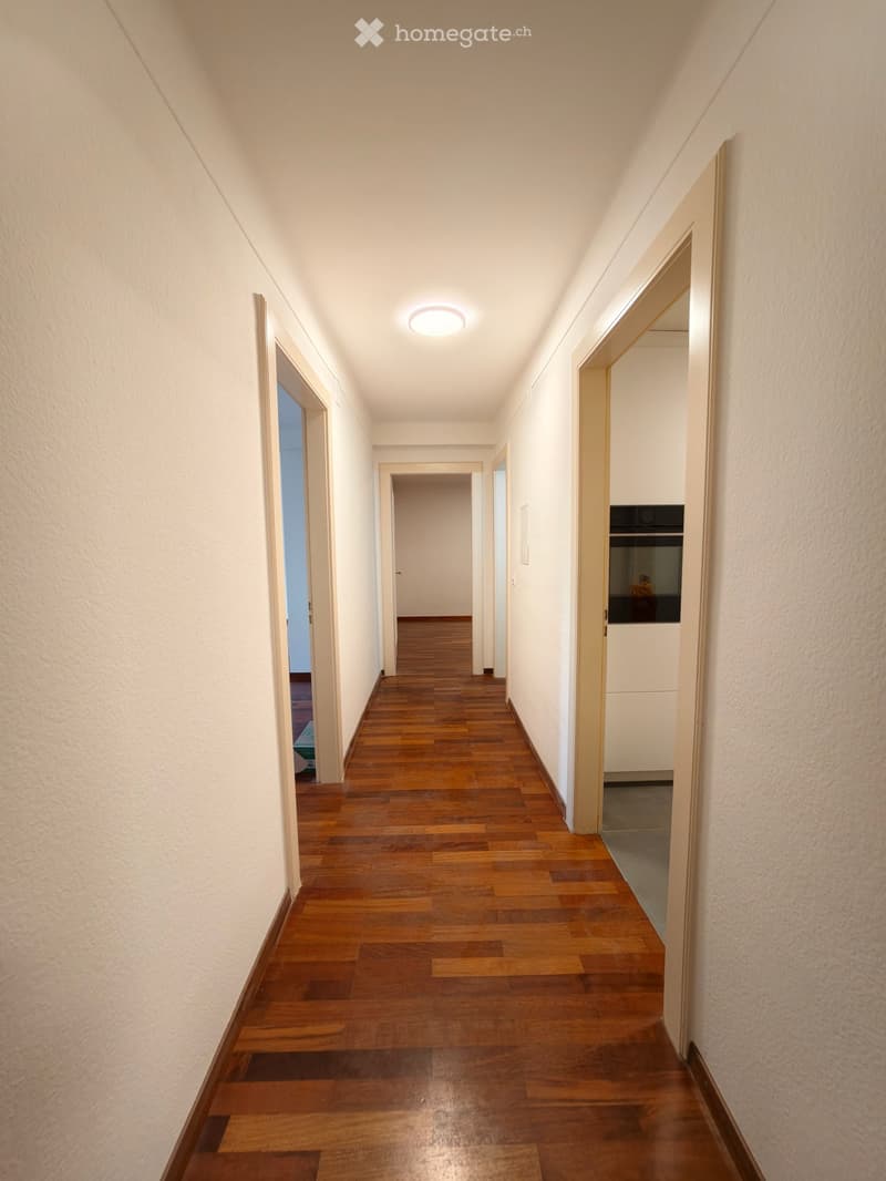 Long, narrow hallway with wooden flooring, white walls, and recessed ceiling lighting. Doors open to adjacent rooms on both sides.