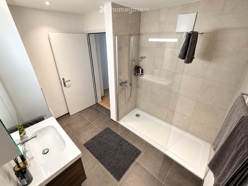 Modern bathroom with a white sink, mirror, towel, shower area, and decorative plant. Features a sleek design with beige tiles and a glass shower enclosure.
