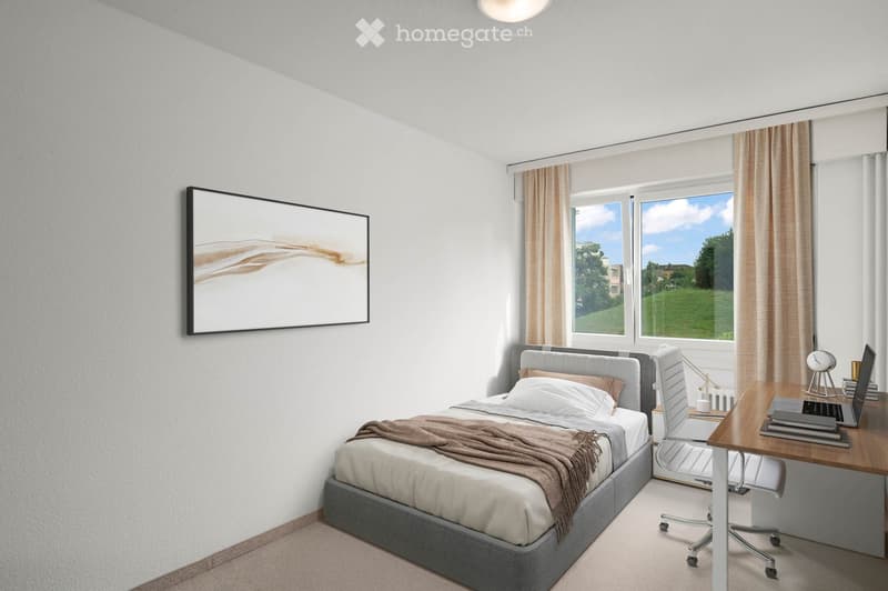 Modern bedroom with a bed, desk, chair, laptop, and a large window with curtains. A picture frame hangs on the wall.