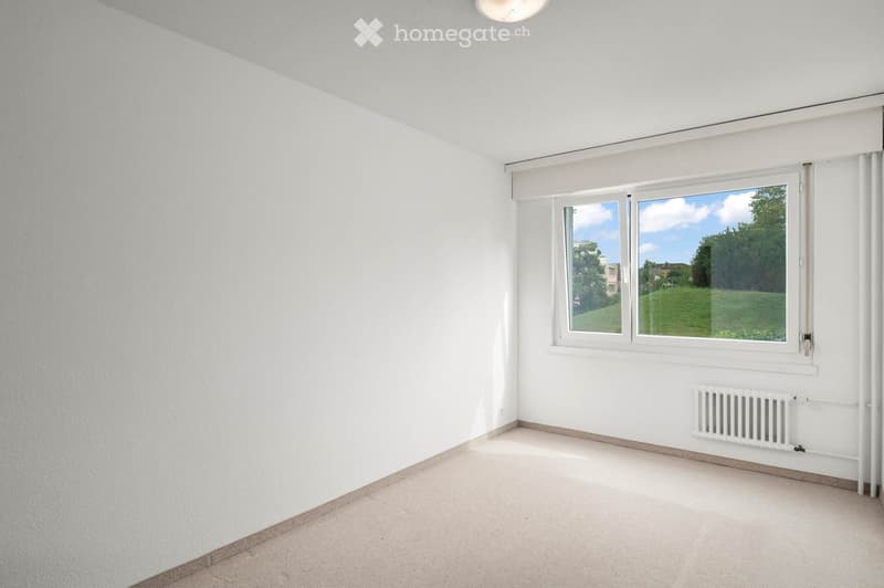Empty room with white walls, a large window showing a green outdoor view, and a radiator on the wall.