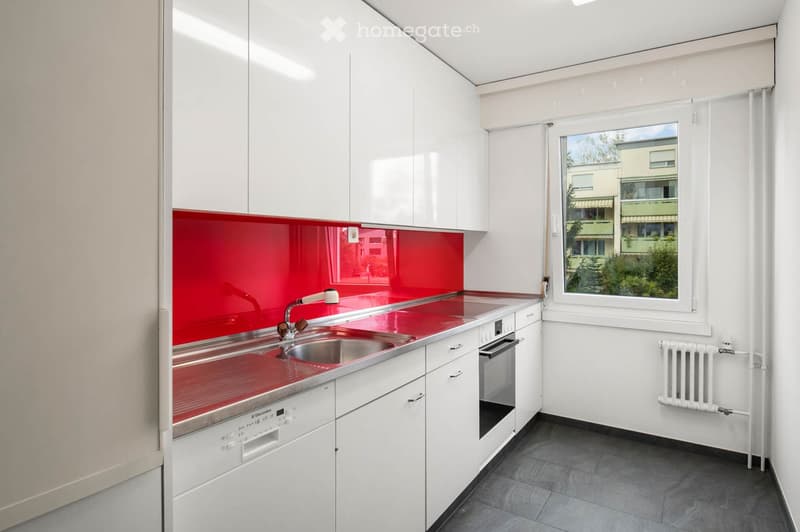 Modern kitchen with white cabinets, red backsplash, stainless steel sink, and built-in appliances.