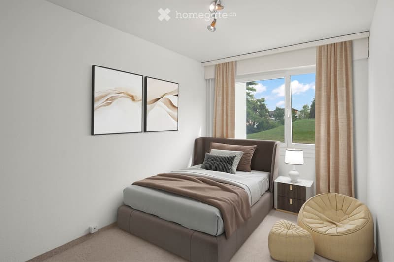 Modern bedroom with a large bed, nightstand, lamp, two round chairs, and artwork on the wall. Large windows with curtains offer a view of greenery outside.