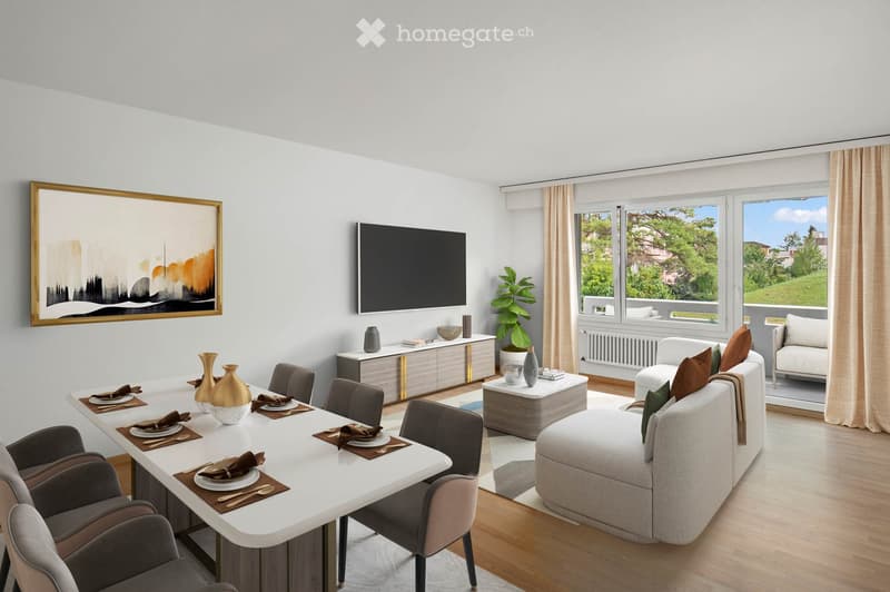 Modern living and dining area with a white dining table, grey chairs, a grey sofa, a television, decorative vases, and a potted plant. Large windows offer a scenic view.