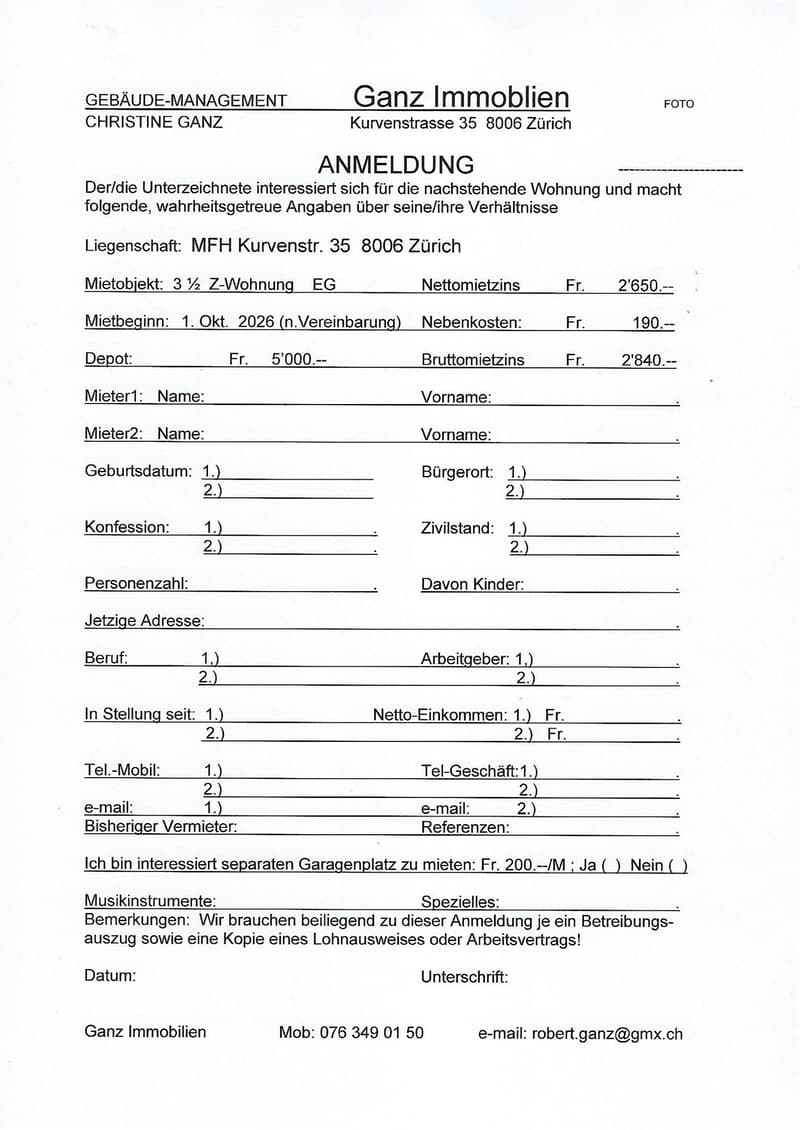 Rental application form for a 3.5-room apartment in Zurich, including fields for tenant details, rental terms, and contact information.
