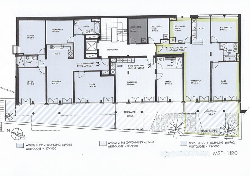 Floor plan of a multi-room apartment with labeled rooms including living room, kitchen, bedrooms, bathrooms, and terraces.