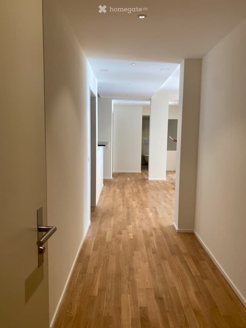 Clean, modern hallway with light wooden flooring and white walls. Features recessed ceiling lighting and a closed door on the left side.