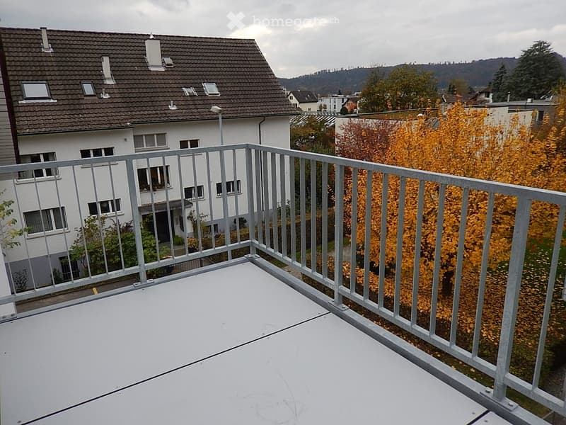 Balcony with white floor and metal railing, overlooking a residential area with trees and houses.