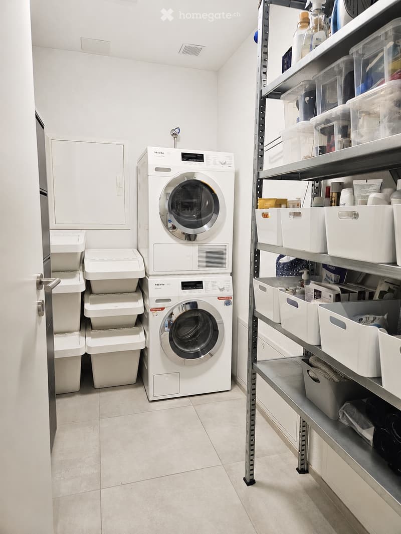 Clean, organized laundry area with a washing machine, dryer, and storage shelves filled with bins and cleaning supplies.