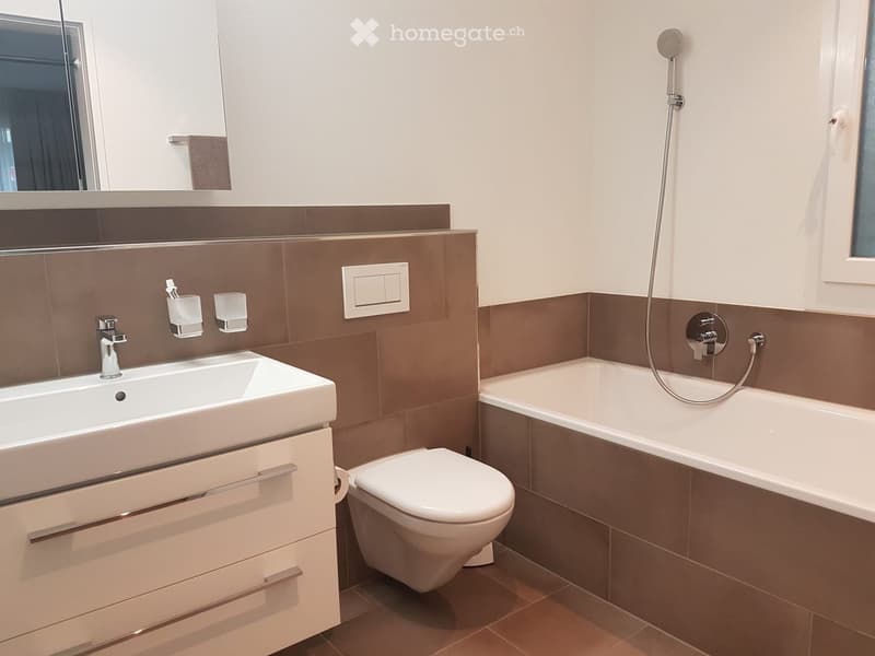Modern bathroom with a white sink, chrome faucet, mirror, toilet, bathtub, and showerhead. Brown tiles on lower walls and white tiles on upper walls.
