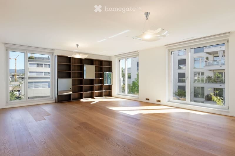 Bright, empty room with wooden flooring, large windows, and modern built-in shelving unit.