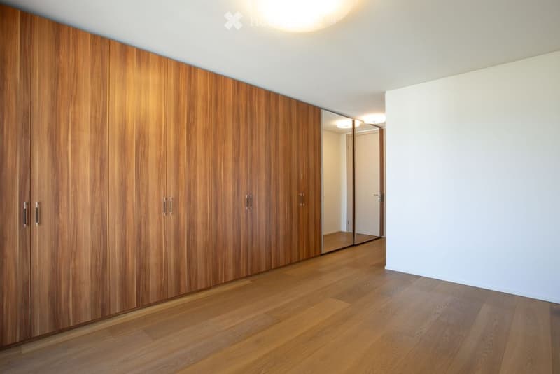Empty hallway with wooden floor, white walls, large wooden wardrobe, and a mirrored door leading to another room.