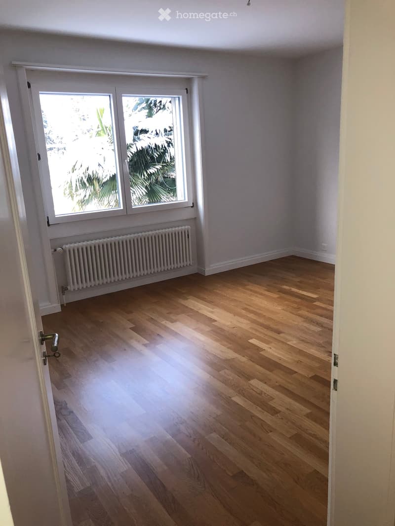 Empty room with light wooden flooring, white walls, and a large window with white frames showing greenery outside. A radiator is visible below the window.