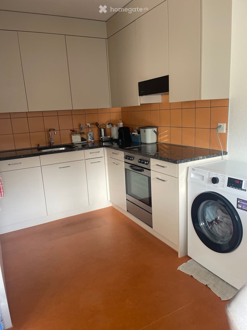Modern kitchen with white cabinets, granite countertop, stainless steel appliances, and a built-in washing machine.