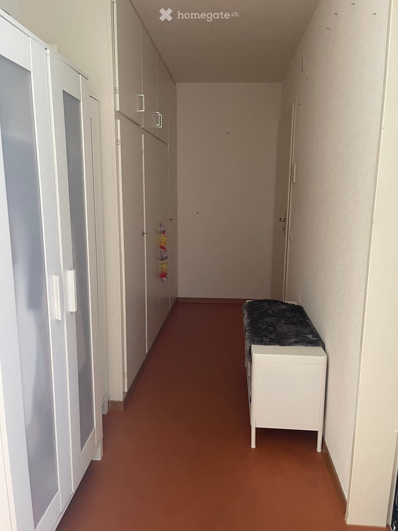 A narrow hallway with white walls, brown carpeting, and white cabinetry on both sides. A small white table with a dark cushion is placed against the right wall.
