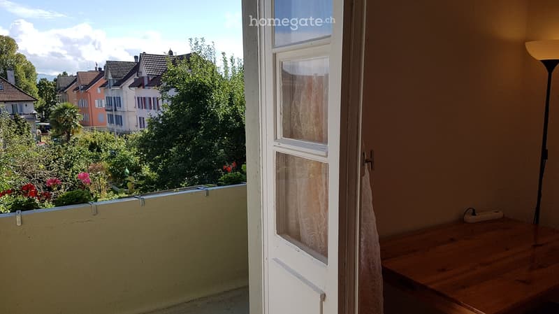 Balcony with wooden table, white door with glass panels, view of garden and neighboring houses.