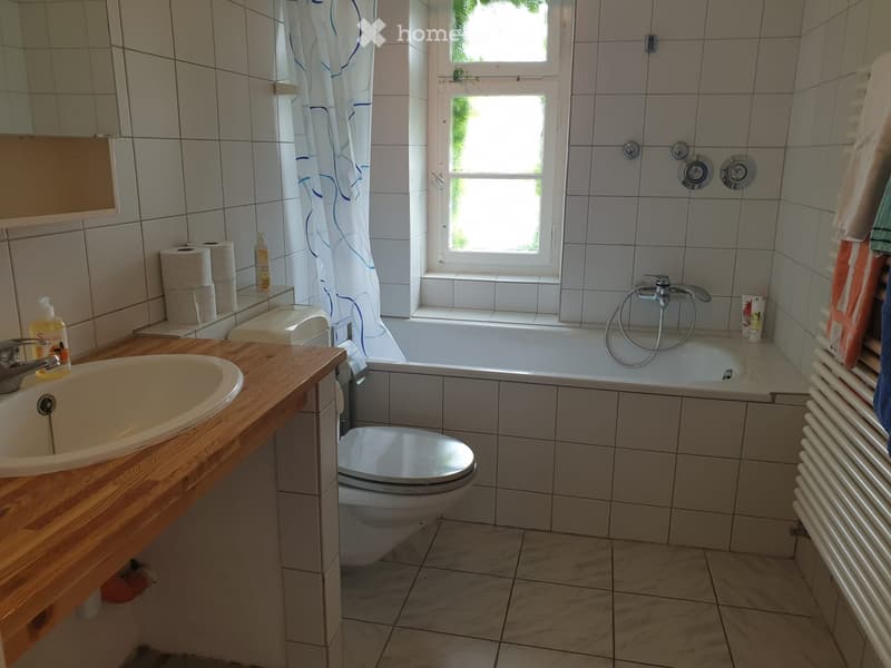 Bathroom with a sink, toilet, bathtub, and a window. Includes a wooden countertop, a mirror, a radiator, and a bottle on the sink.
