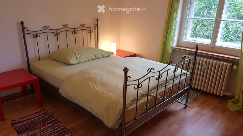 Cozy bedroom with a metal-framed bed, pillows, a nightstand, a small red table, and a colorful rug on the wooden floor.