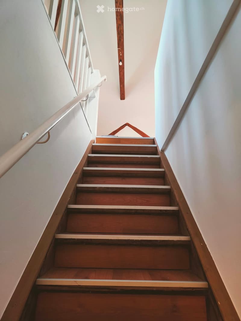 Wooden staircase with white handrail and light-colored walls.