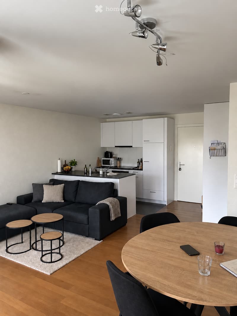 Modern open-plan living and dining area with a dark grey sofa, wooden dining table, and kitchen area with white cabinets and stainless steel appliances.