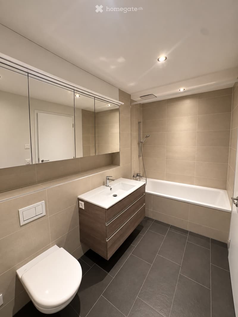Modern bathroom with a white toilet, a sink with a wooden cabinet, a bathtub, and a large mirror with built-in lighting.