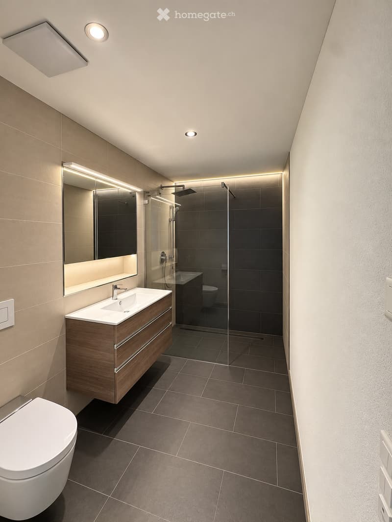 Modern bathroom with a wooden vanity, sink, toilet, large mirror with LED lighting, and a glass-enclosed shower area.