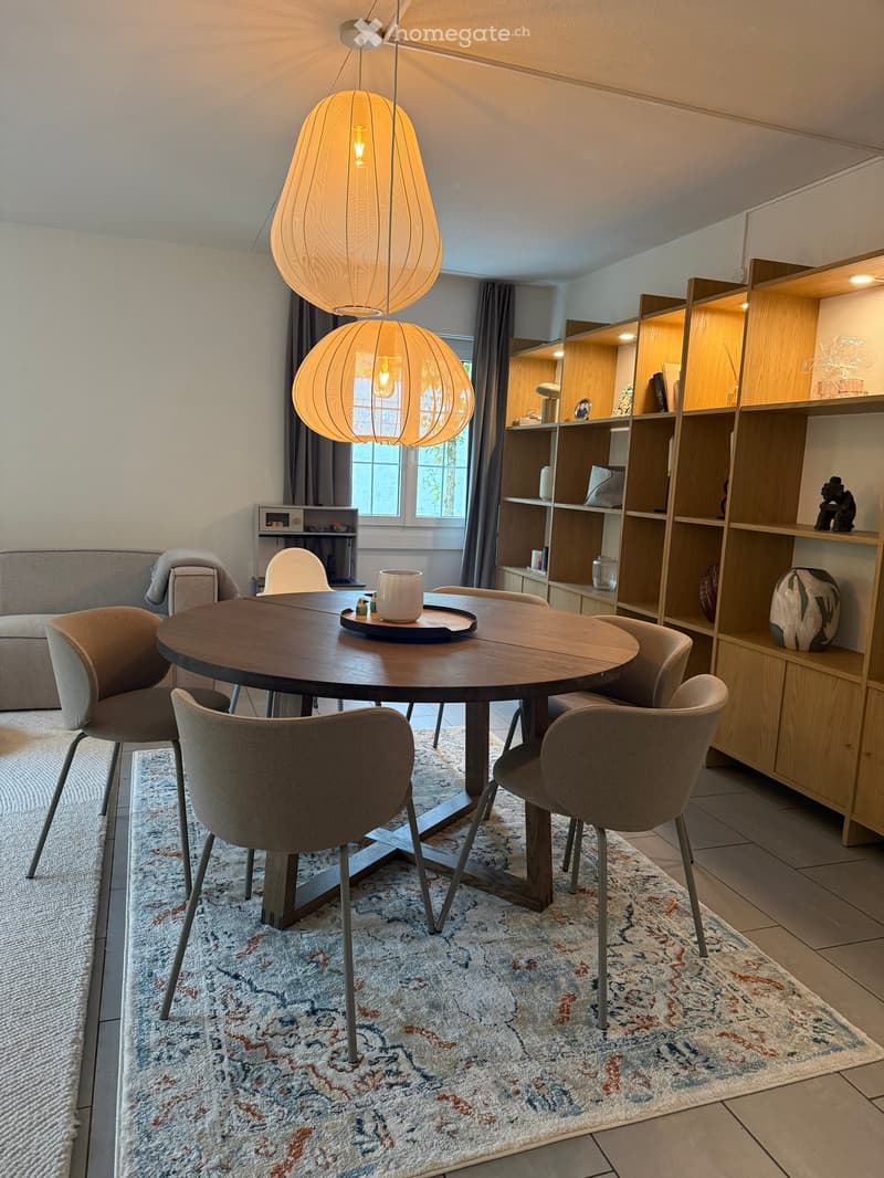 Dining area with a round wooden table surrounded by six modern chairs, a sofa, a tall wooden shelving unit with decorative items, and a large pendant lamp.